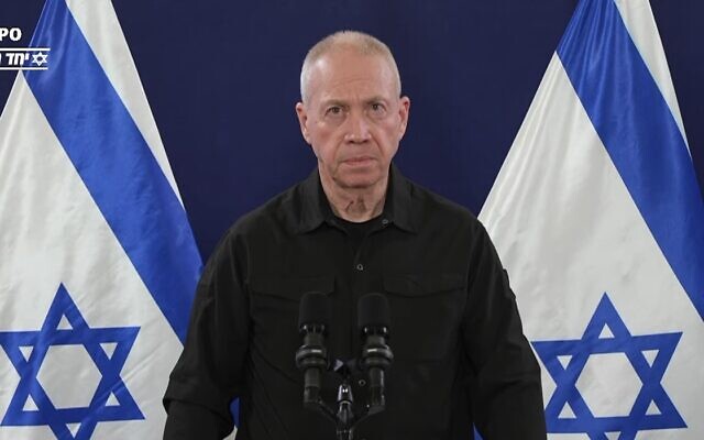 Defense Minister Yoav Gallant, during a press conference in Tel Aviv on November 22, 2023. (Screen capture/ YouTube) Defense Minister Yoav Gallant, during a press conference in Tel Aviv on November 22, 2023. (Screen capture/ YouTube)