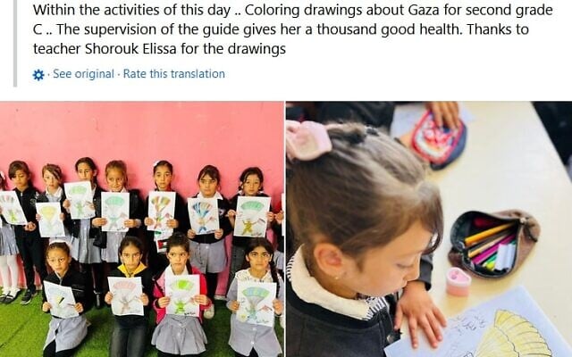 At the Fadwa Touqan Mixed Elementary School in Nablus, students draw pictures of Hamas terrorists on gliders, glorifying the terrorists who paraglided into Israel on October 7, in Nablus, October 15, 2023. (Facebook screenshot: used in accordance with Clause 27a of the Copyright Law) At the Fadwa Touqan Mixed Elementary School in Nablus, students draw pictures of Hamas terrorists on gliders, glorifying the terrorists who paraglided into Israel on October 7, in Nablus, October 15, 2023. (Facebook screenshot: used in accordance with Clause 27a of the Copyright Law)