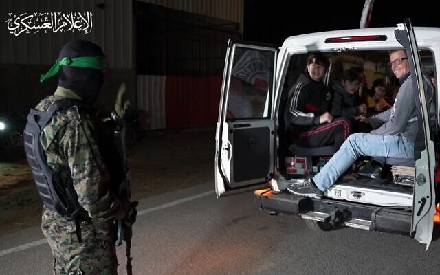 Hamas's propaganda video of the terror group releasing hostages in Gaza on November 27, 2023. (Screen capture/X) Hamas's propaganda video of the terror group releasing hostages in Gaza on November 27, 2023. (Screen capture/X)