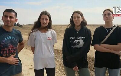 From left to right: Yahli Chen, Noga Peleg, Aya Atzilia, and Leah Winkler, Nofei Habsor students who directed the short film "The Kidnapping," in a Channel 12 report, November 29, 2023. (Channel 12 news: used in accordance with Clause 27a of the Copyright Law)