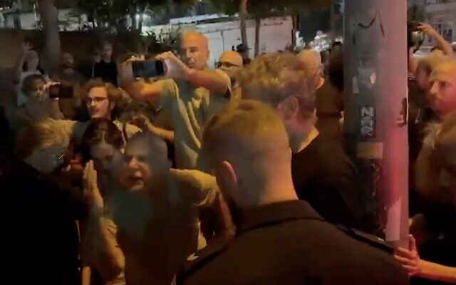Demonstrators in Tel Aviv protest against the arrest of four prominent Arab Israeli leaders over plans to hold a protest against the Gaza war, November 9, 2023. (Screenshot Police Spokesperson's Department) Demonstrators in Tel Aviv protest against the arrest of four prominent Arab Israeli leaders over plans to hold a protest against the Gaza war, November 9, 2023. (Screenshot Police Spokesperson's Department)