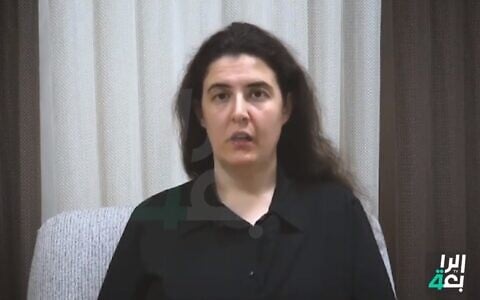 Elizabeth Tsurkov, an Israeli-Russian academic who was kidnapped in Iraq in March 2023, speaks in a clip aired November 13, 2023, by Iraq's Al Rabiaa satellite TV network. (Screenshot: X; used in accordance with Clause 27a of the Copyright Law)