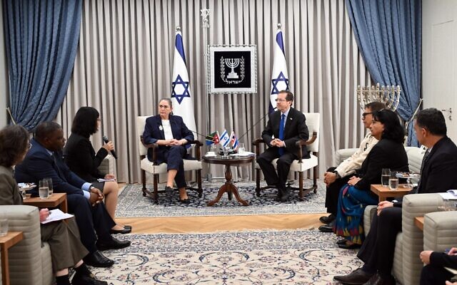 President Isaac Herzog and his wife Michal meet with ambassadors of countries whose citizens were killed by and are being held by Hamas, November 2, 2023 (Haim Zach / GPO)