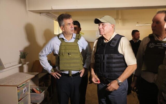 Foreign Minister Eli Cohen (L) and High Representative of the European Union for Foreign Affairs and Security Policy and Vice-President of the European Commission Josep Borrell tour a destroyed kindergarten in Be'eri, November 16, 2023 (Ronen Horesh / Foreign Ministry) Foreign Minister Eli Cohen (L) and High Representative of the European Union for Foreign Affairs and Security Policy and Vice-President of the European Commission Josep Borrell tour a destroyed kindergarten in Be'eri, November 16, 2023 (Ronen Horesh / Foreign Ministry)