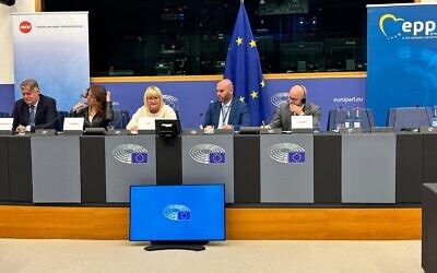 Tamir Werzberger, second from right, attends a conference on Palestinian incitement at the European Parliament in Strasburg, France on November 21, 2023. (Courtesy)