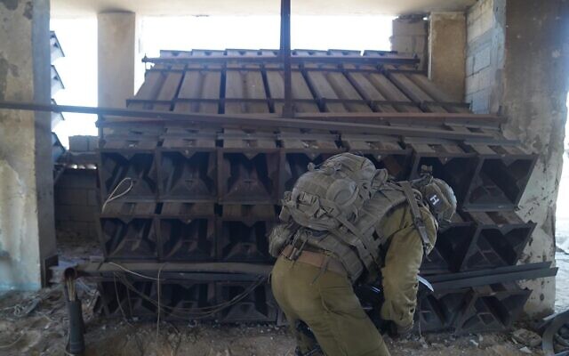 Rocket launchers found by Israeli troops inside a building used by a youth movement in northern Gaza, November 6, 2023. (Israel Defense Forces) Rocket launchers found by Israeli troops inside a building used by a youth movement in northern Gaza, November 6, 2023. (Israel Defense Forces)