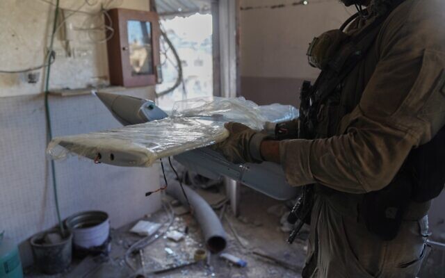 Hamas drones found by Israeli troops in a residential building in Gaza City’s Sheikh Radwan neighborhood, November 9, 2023. (Israel Defense Forces) Hamas drones found by Israeli troops in a residential building in Gaza City’s Sheikh Radwan neighborhood, November 9, 2023. (Israel Defense Forces)