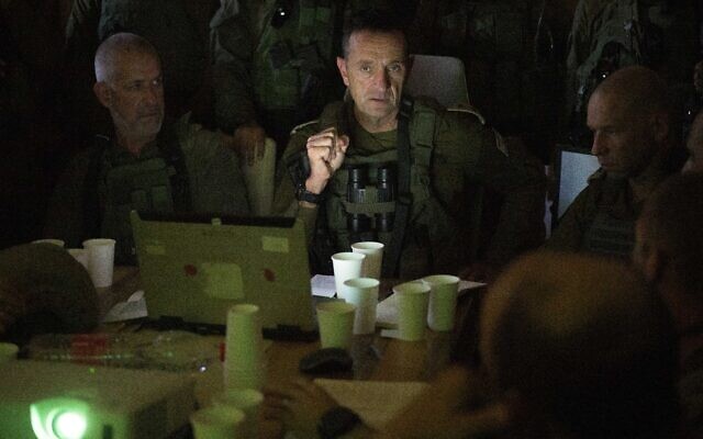 IDF Chief of Staff Lt. Gen. Herzi Halevi (center) and director of the Shin Bet security agency, Ronen Bar (left), are seen in the Gaza Strip, November 9, 2023. (Israel Defense Forces)