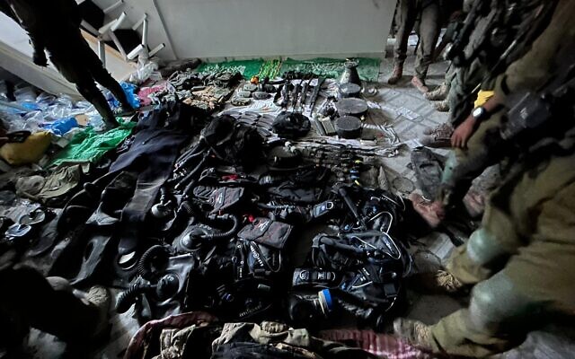 Equipment belonging to Hamas's naval forces, captured by the IDF in Gaza City's al-Shati camp, November 16, 2023. (Israel Defense Forces) Equipment belonging to Hamas's naval forces, captured by the IDF in Gaza City's al-Shati camp, November 16, 2023. (Israel Defense Forces)