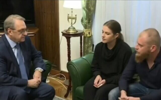 Relatives of released Israeli-Russian hostage Roni Krivoi meet in Russia with Deputy Foreign Affairs Minister Mikhail Bogdanov (Channel 12 screenshot, November 27, 2023; used in accordance with clause 27a of the Copyright Law) Relatives of released Israeli-Russian hostage Roni Krivoi meet in Russia with Deputy Foreign Affairs Minister Mikhail Bogdanov (Channel 12 screenshot, November 27, 2023; used in accordance with clause 27a of the Copyright Law)