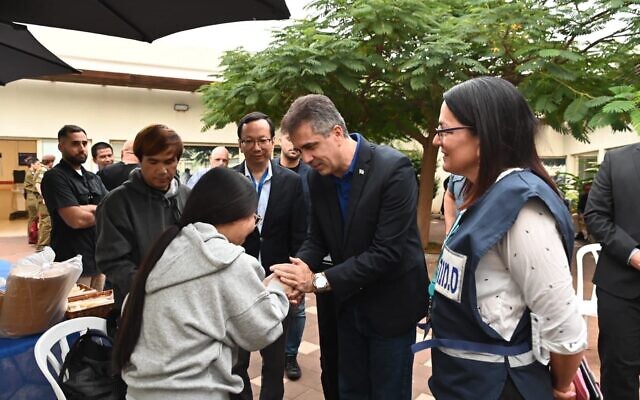 Foreign Minister Eli Cohen meets with foreign nationals freed from Gaza, November 25, 2023 (Foreign Ministry) Foreign Minister Eli Cohen meets with foreign nationals freed from Gaza, November 25, 2023 (Foreign Ministry)