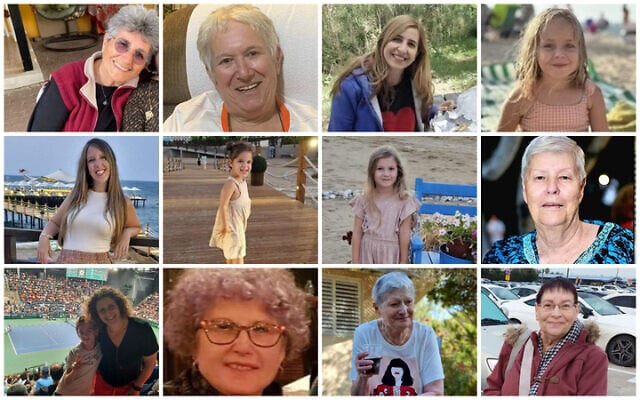 Israeli hostages released on November 24, 2023: Top from L-R: Adina Moshe, Margalit Moses, Danielle Aloni and her daughter Emilia; middle: Doron Asher and her daughters Raz and Aviv, Hannah Katzir; bottom row: Keren Munder and her son Ohad, Ruti Munder, Yaffa Adar and Channah Peri. (Photos: Courtesy; combination image: Times of Israel)