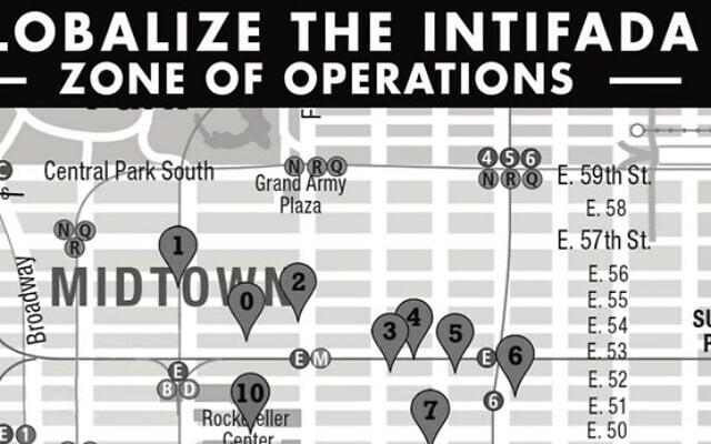 A map posted by US pro-Palestinian group Within Our Lifetime detailing the locations of Jewish organizations in New York City, November 17, 2023. (Instagram screenshot: used in accordance with Clause 27a of the Copyright Law)