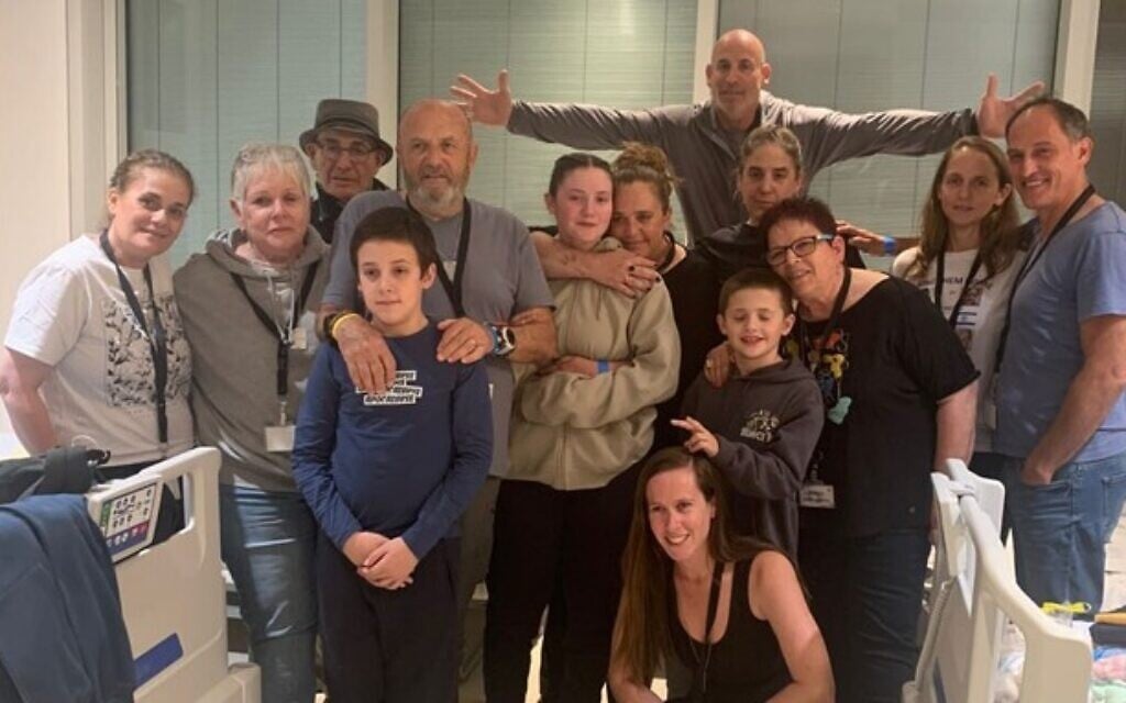 Members of the Goldstein-Almog family posing after members were freed from Hamas captivity, on November 26, 2023. (Courtesy)