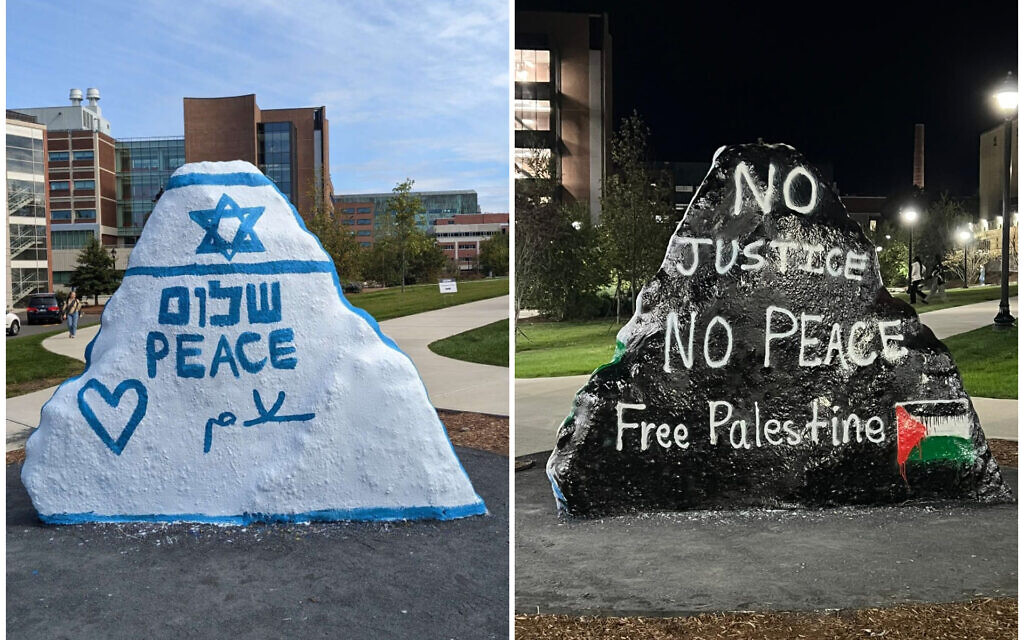 On October 8, 2023, Jewish students painted a rock on the University of Connecticut campus in Storrs with a message of peace. Pro-Palestinian students painted it over the next day. (Courtesy/ Jessica Baden)