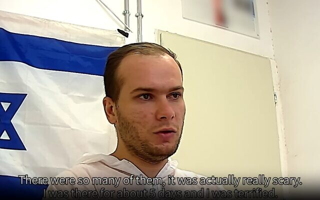 Footage released by the IDF on November 20, 2023, of an interrogation of a Gazan terror suspect by the Shin Bet security service. (Screen capture/IDF) Footage released by the IDF on November 20, 2023, of an interrogation of a Gazan terror suspect by the Shin Bet security service. (Screen capture/IDF)