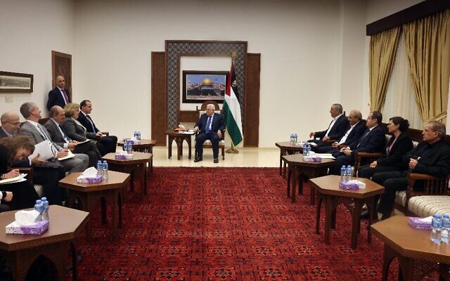 Palestinian Authority President Mahmoud Abbas meets with a US governmental delegation in Ramallah on November 15, 2023. (WAFA) Palestinian Authority President Mahmoud Abbas meets with a US governmental delegation in Ramallah on November 15, 2023. (WAFA)