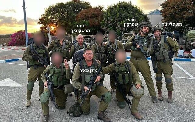 A photo showing members of the 551st Brigade’s 697th Battalion, four of whom were killed by a blast from a booby-trapped tunnel shaft next to a mosque in the Beit Hanoun area on November 10, 2023 (Courtesy) A photo showing members of the 551st Brigade’s 697th Battalion, four of whom were killed by a blast from a booby-trapped tunnel shaft next to a mosque in the Beit Hanoun area on November 10, 2023 (Courtesy)