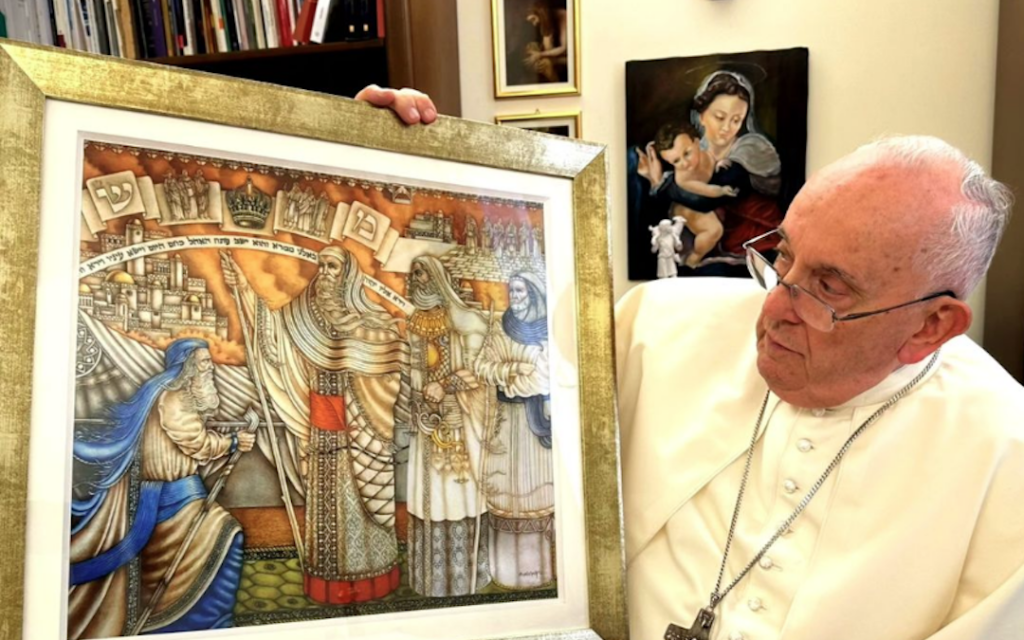 Mauricio Avayu gifted one of his Torah paintings to Pope Francis. (Courtesy of Avayu via JTA)