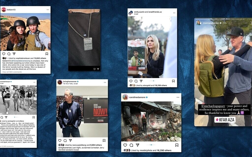 Celebrities and influencers including Jerry Seinfeld, Debra Messing, Montana Tucker, Scooter Braun, Michael Rapaport, Caroline D'Amore, Gregg Sulkin and Emily Austin have headed to Israel to meet with hostage families and visit the sites of the October 7 massacres. (Screenshots via Instagram, design by Jackie Hajdenberg, via JTA) Celebrities and influencers including Jerry Seinfeld, Debra Messing, Montana Tucker, Scooter Braun, Michael Rapaport, Caroline D'Amore, Gregg Sulkin and Emily Austin have headed to Israel to meet with hostage families and visit the sites of the October 7 massacres. (Screenshots via Instagram, design by Jackie Hajdenberg, via JTA)