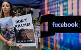 Composite photo: A protester (left) demanding the release of hostages held by Hamas, holding a photo depicting Noa Argamani, one of the captives held since the October 7 massacre, and the Facebook logo (right). (Left to right: Ahmad Gharabli/AFP via Getty Images/Omar Marques/SOPA Images/LightRocket via Getty Images/photo illustration by 70 Faces Media)