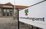 A view of the entrance to the state administration office in Halle, the largest city in Saxony-Anhalt, Germany, November 23, 2023. (Hendrik Schmidt/picture alliance via Getty Images via JTA)