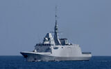 The French Languedoc (D653), a FREMM multipurpose frigate, performs maneuvers during the "Noble Dina 23" multilateral aeronautical exercise in the Mediterranean Dea on March 27, 2023. (Jack Guez/AFP)
