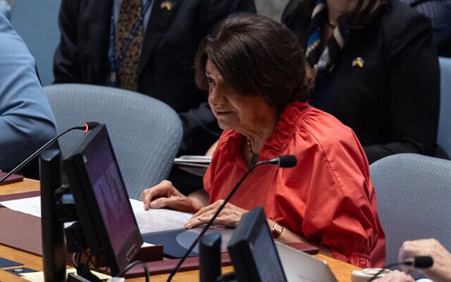 Under-Secretary-General for Political and Peacebuilding Affairs Rosemary A. DiCarlo speaks during a United Nations Security Council meeting on Ukraine, at UN headquarters in New York City on August 24, 2023. (Yuki IWAMURA / AFP) Under-Secretary-General for Political and Peacebuilding Affairs Rosemary A. DiCarlo speaks during a United Nations Security Council meeting on Ukraine, at UN headquarters in New York City on August 24, 2023. (Yuki IWAMURA / AFP)