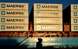 Containers of Danish shipping and logistics company Maersk are seen in Copenhagen, Denmark, on September 14, 2023. (Sergei Gapon/AFP)