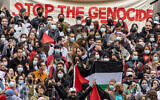 Pro-Palestinian, anti-Israel protesters gather at Harvard University, in Cambridge, Massachusetts, on October 14, 2023. (Joseph Prezioso / AFP)