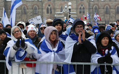 Demonstrators gather in support of the Jewish community, on Parliament Hill in Ottawa, Ontario, Canada, on December 4, 2023. (Dave Chan/AFP)