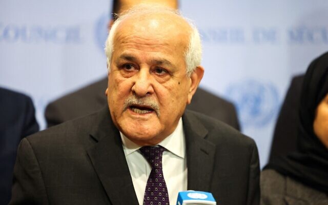 Palestinian Ambassador to the United Nations Riyad Mansour, flanked by representatives of Arab countries, speaks to the press after a UN Security Council meeting on a resolution calling for a ceasefire in Gaza, at UN headquarters in New York on December 8, 2023. (Charly Triballeau/AFP) Palestinian Ambassador to the United Nations Riyad Mansour, flanked by representatives of Arab countries, speaks to the press after a UN Security Council meeting on a resolution calling for a ceasefire in Gaza, at UN headquarters in New York on December 8, 2023. (Charly Triballeau/AFP)