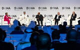 Left to right: CNN's Becky Anderson, Qatar's Prime Minister Sheikh Mohammed bin Abdulrahman al-Thani, UN General Assembly President Dennis Francis, PA Prime Minister Mohammad Shtayyeh and Jordan Deputy Prime Minister and Minister of Foreign Affairs Ayman Safadi attend the panel discussion 'What Now for the Middle East' during the Doha Forum in the Qatari capital on December 10, 2023. (Salim Matramkot/AFP)