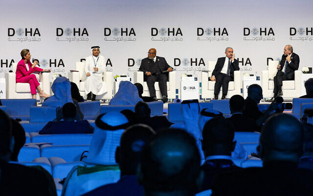 Left to right: CNN's Becky Anderson, Qatar's Prime Minister Sheikh Mohammed bin Abdulrahman al-Thani, UN General Assembly President Dennis Francis, PA Prime Minister Mohammad Shtayyeh and Jordan Deputy Prime Minister and Minister of Foreign Affairs Ayman Safadi attend the panel discussion 'What Now for the Middle East' during the Doha Forum in the Qatari capital on December 10, 2023. (Salim Matramkot/AFP) Left to right: CNN's Becky Anderson, Qatar's Prime Minister Sheikh Mohammed bin Abdulrahman al-Thani, UN General Assembly President Dennis Francis, PA Prime Minister Mohammad Shtayyeh and Jordan Deputy Prime Minister and Minister of Foreign Affairs Ayman Safadi attend the panel discussion 'What Now for the Middle East' during the Doha Forum in the Qatari capital on December 10, 2023. (Salim Matramkot/AFP)