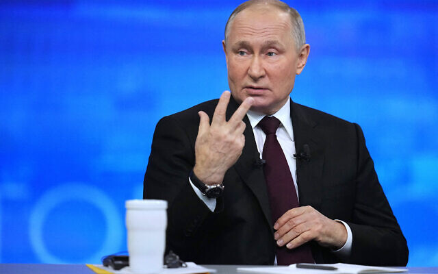 Russian President Vladimir Putin holds his year-end press conference at Gostiny Dvor exhibition hall in central Moscow on December 14, 2023. (Photo by Alexander Zemlianichenko / POOL / AFP)