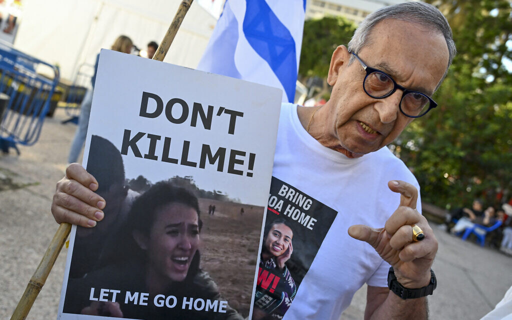 Yaakov Argamani, father of 26-year-old Israeli hostage Noa Argamani, speaks to media outside the Tel Aviv Museum of Art, now informally called the "Hostages Square," in Tel Aviv on December 16, 2023 (Photo by Alberto PIZZOLI / AFP)
