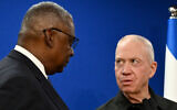 File: US Defense Secretary Lloyd Austin (L) and Defense Minister Yoav Gallant give a joint press conference in Tel Aviv on December 18, 2023. (Alberto Pizzoli/AFP)