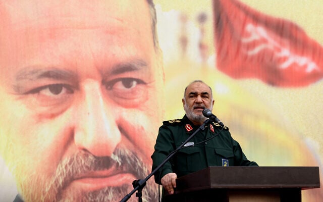 Head of Iran's Islamic Revolutionary Guard Corps (IRGC) Hossein Salami delivers a speech during the funeral of Razi Moussavi, a senior commander in the IRGC's Quds Force who was killed on December 25 in an alleged Israeli strike in Syria, in Tehran, on December 28, 2023. (Atta Kenare/AFP) Head of Iran's Islamic Revolutionary Guard Corps (IRGC) Hossein Salami delivers a speech during the funeral of Razi Moussavi, a senior commander in the IRGC's Quds Force who was killed on December 25 in an alleged Israeli strike in Syria, in Tehran, on December 28, 2023. (Atta Kenare/AFP)