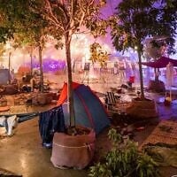 The camping area from the Supernova desert rave, recreated for the 'Nova 6.29' exhibit, remembering the 360 people who were gunned down by Hamas terrorists on October 7, 2023 (Courtesy Tribe of Nova)
