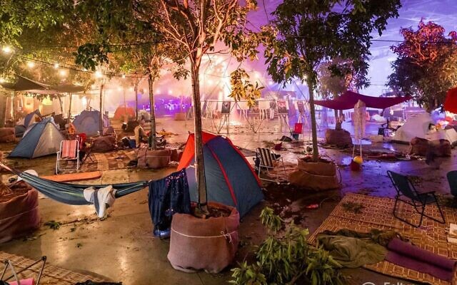 The camping area from the Supernova desert rave, recreated for the 'Nova 6.29' exhibit, remembering the 360 people who were gunned down by Hamas terrorists on October 7, 2023 (Courtesy Tribe of Nova)