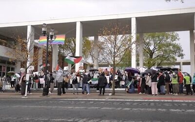 In this video shared by the Daily Targum on November 8, 2023, Students for Justice in Palestine hold a rally at Rutgers University in New Brunswick, New Jersey. (YouTube screenshot; used in accordance with clause 27a of the Copyright Law)