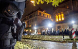 Illustrative: Police officers secure a synagogue in Frankfurt, Germany, November 9, 2023. (AP Photo/Michael Probst)
