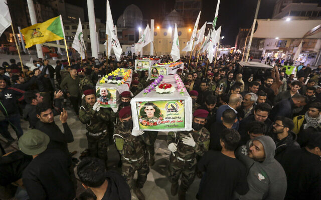 Iraqis attend the funeral of the Kataib Hezbollah members in Najaf, Iraq, Wednesday, Nov 22, 2023. (AP Photo/Anmar Khalil) Iraqis attend the funeral of the Kataib Hezbollah members in Najaf, Iraq, Wednesday, Nov 22, 2023. (AP Photo/Anmar Khalil)