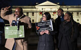Rep. Jamaal Bowman from left, speaks alongside, Rep. Rashida Tlaib, Rep. Jonathan Jackson and Rep. Cori Bush  during a vigil with state legislators and faith leaders currently on hunger strike outside the White House to demand that US President Joe Biden call for a permanent ceasefire in Gaza on November 29, 2023. (AP Photo/Nathan Howard)