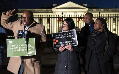 Rep. Jamaal Bowman from left, speaks alongside, Rep. Rashida Tlaib, Rep. Jonathan Jackson and Rep. Cori Bush  during a vigil with state legislators and faith leaders currently on hunger strike outside the White House to demand that US President Joe Biden call for a permanent ceasefire in Gaza on November 29, 2023. (AP Photo/Nathan Howard)
