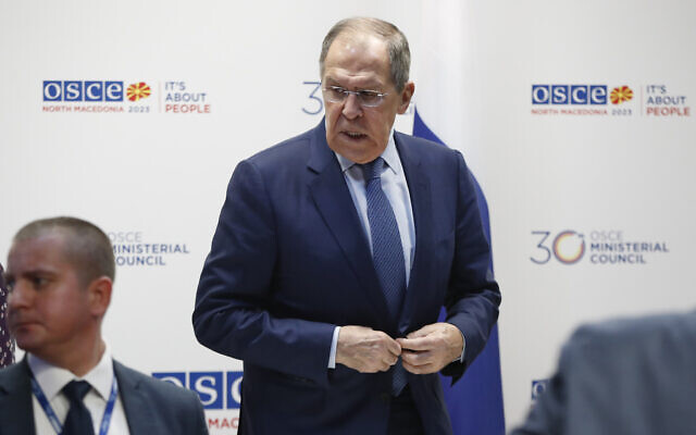 Russia's Foreign Minister Sergey Lavrov leaves at the end of a news conference in Skopje, North Macedonia, on Friday, Dec. 1, 2023. (AP/Boris Grdanoski)