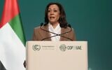 US Vice President Kamala Harris speaks during a plenary session at the COP28 UN Climate Summit, December 2, 2023, in Dubai, United Arab Emirates. (AP Photo/Kamran Jebreili)