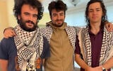 In this Nov. 23, 2023, photo provided by family attorney Abed Ayoub, three college students, from the left, Tahseen Ali Ahmad, Kinnan Abdalhamid, and Hisham Awartani, stand together for a photograph. (Rich Price via AP, File)