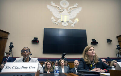 Harvard President Claudine Gay, left, speaks as University of Pennsylvania President Liz Magill listens during a hearing of the House Committee on Education on Capitol Hill, December 5, 2023 in Washington. (AP/Mark Schiefelbein)