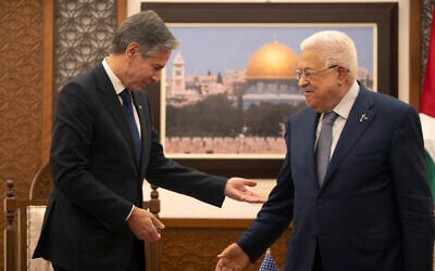 Illustrative: US Secretary of State Antony Blinken, left, meets with Palestinian Authority President Mahmoud Abbas at his office in the West Bank city of Ramallah, on November 30, 2023. (AP Photo/Nasser Nasser, Pool, File)